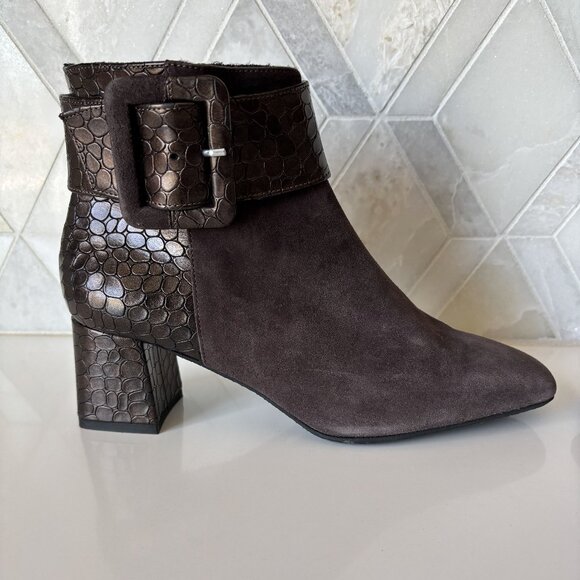 Ron White 38/7.5 Ankle Boot Zipper Block Heel Linzi Brown Croc Cashmere Suede - Picture 5 of 11